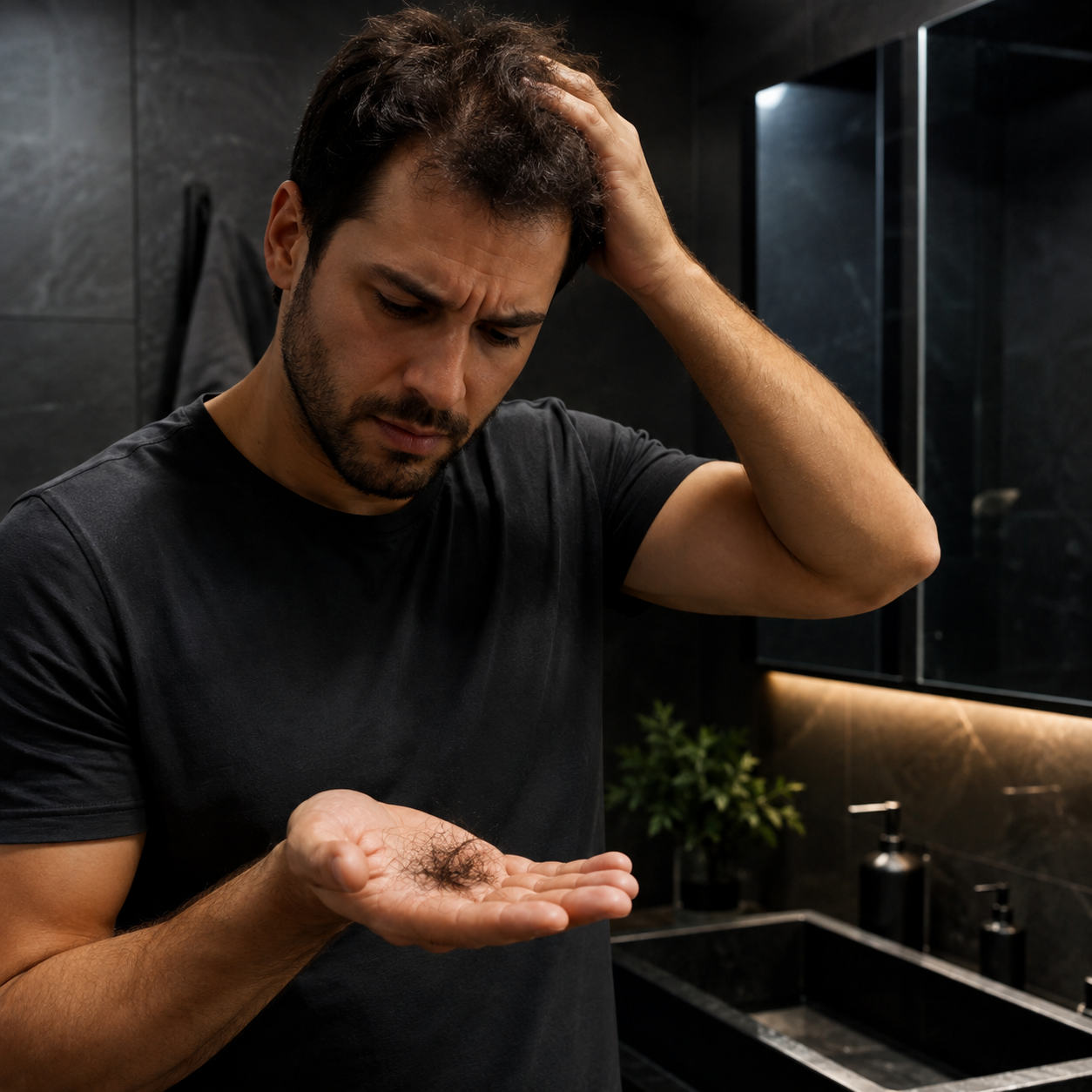 Queda de cabelo masculina: homem observando fios caídos na palma da mão