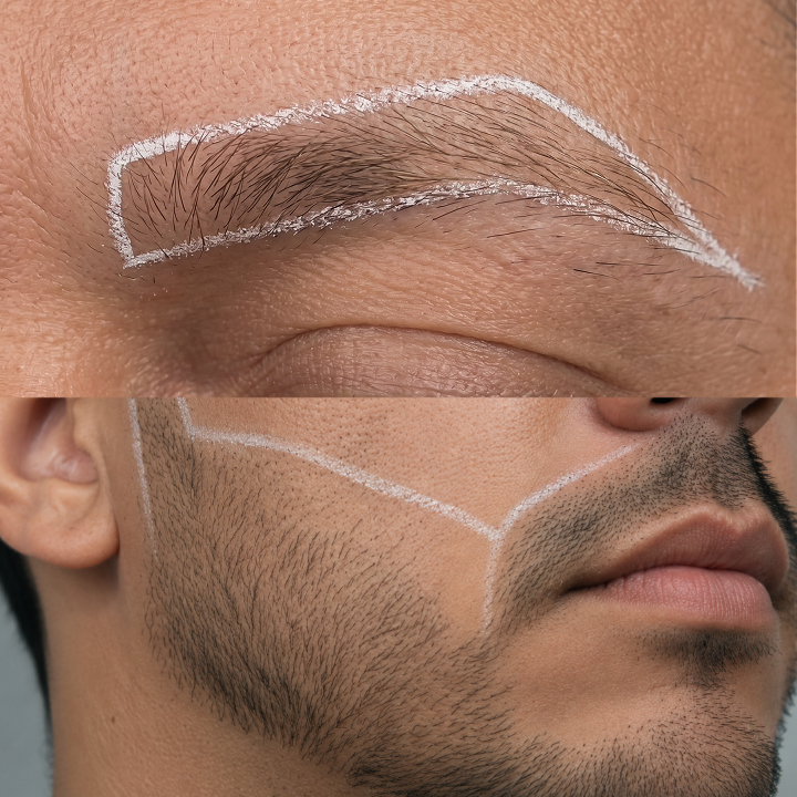 Transplante de barba e sobrancelhas: marcação do desenho antes do procedimento